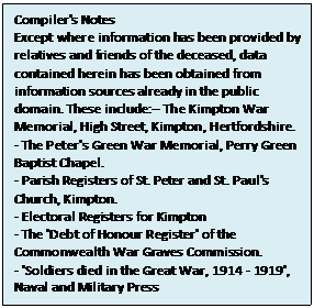 Text Box: Compiler's Notes
Except where information has been provided by relatives and friends of the deceased, data contained herein has been obtained from information sources already in the public domain. These include:-- The Kimpton War Memorial, High Street, Kimpton, Hertfordshire.
- The Peter's Green War Memorial, Perry Green Baptist Chapel.
- Parish Registers of St. Peter and St. Paul's Church, Kimpton.
- Electoral Registers for Kimpton
- The 'Debt of Honour Register' of the Commonwealth War Graves Commission.
- 'Soldiers died in the Great War, 1914 - 1919', Naval and Military Press

